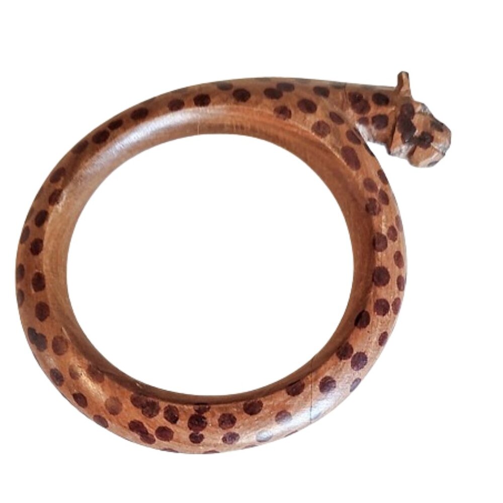 1980s Vintage Real Wood Carved Leopard Cheetah Bangle Bracelet Tribal Style